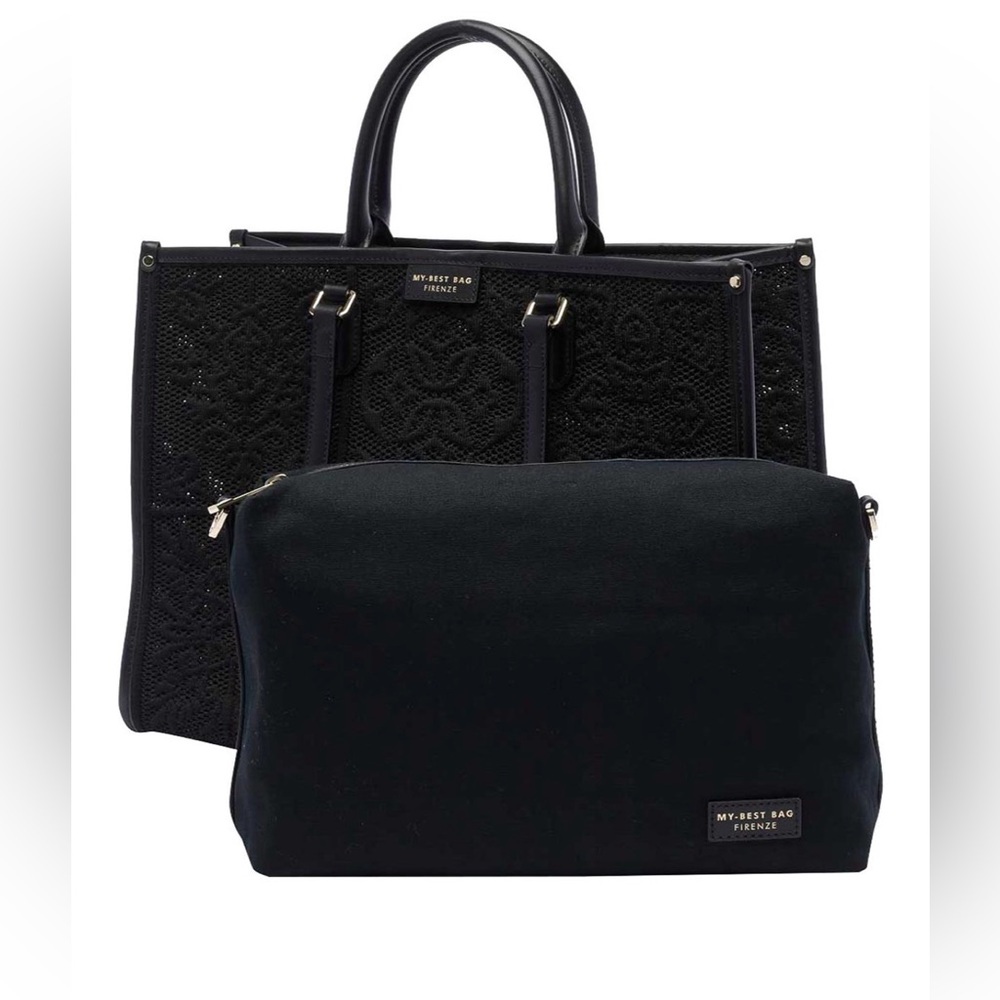 Viola Castellani Crochet Tote & Fabric Crossbody Bag Genuine Leather Black